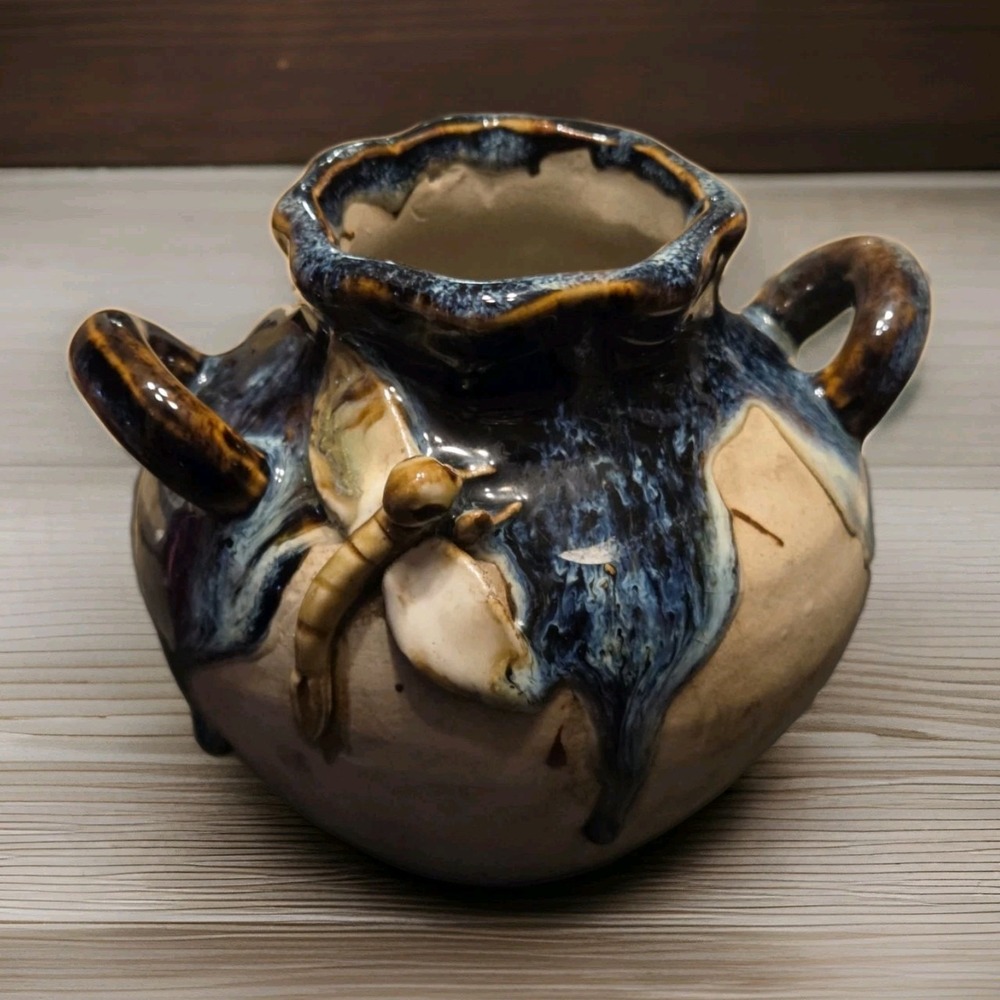 Vintage Studio Art Pottery Dragonfly Vase 2 Handle Blue Drip Glaze Stoneware